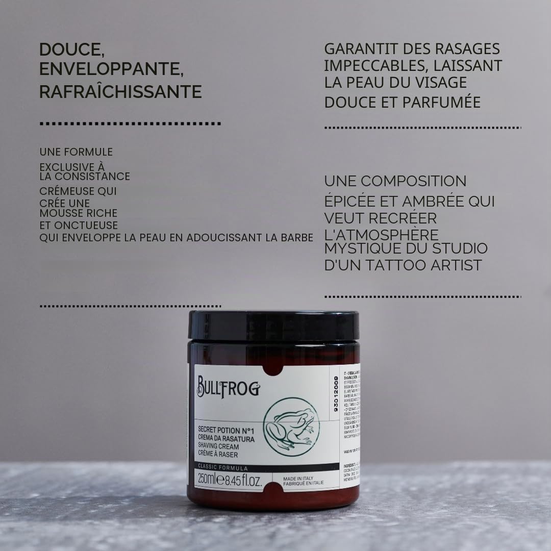 Bullfrog Crème de Rassage Secret Potion N.1 "Classic" - Adoucit la Barbe - Laisse la Peau Fraîche et Lisse - Notes Boisées, Aromatiques et Ambrées - Fabriqué en Italie