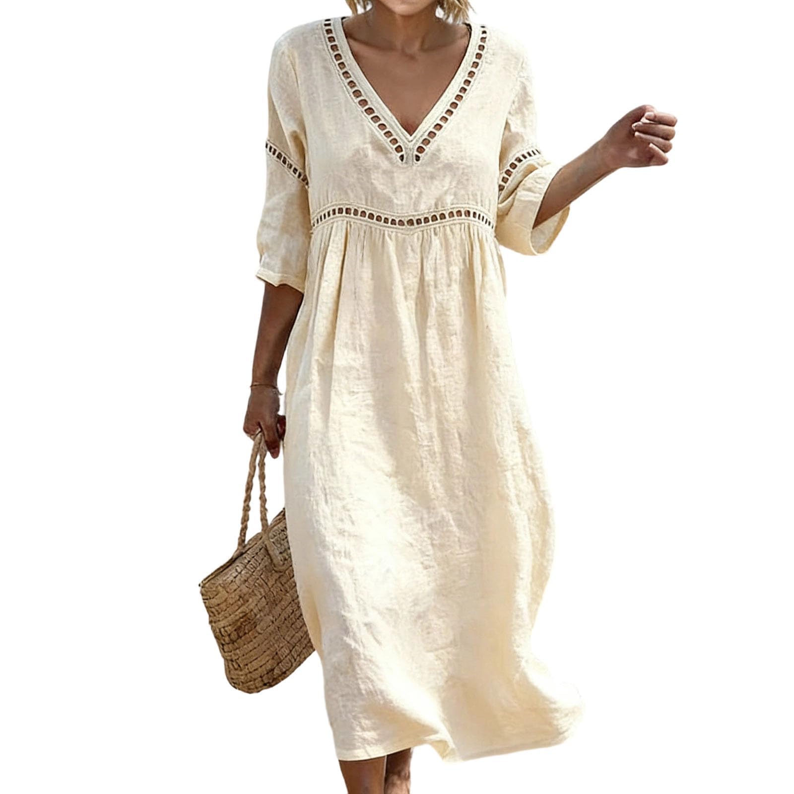Robe Femme Été Longue Robe en Lin Coton Vêtement Femme Chic Robe Tunique Ample Col V Broderie Robe de Plage Bohème Manches 3/4 Légère Fluide Hippie Rétro Casual