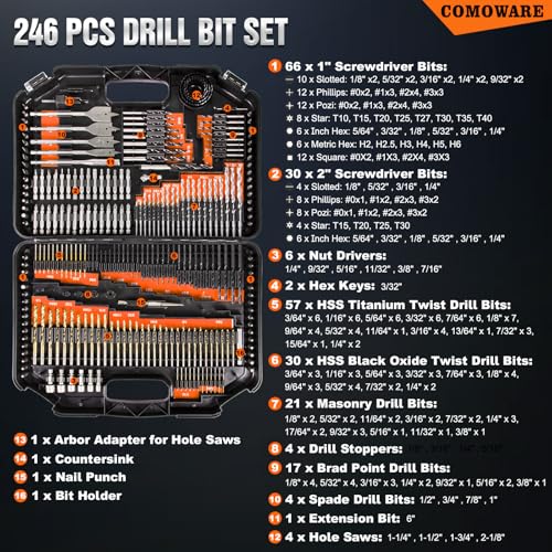 Image of COMOWARE Drill Bit Set, 246 Pcs Screwdriver Bits for Cordless Drill, Screwdriver Drill Bits Set Combo Kit for Wood, Metal Masonry Cement, Orange Case