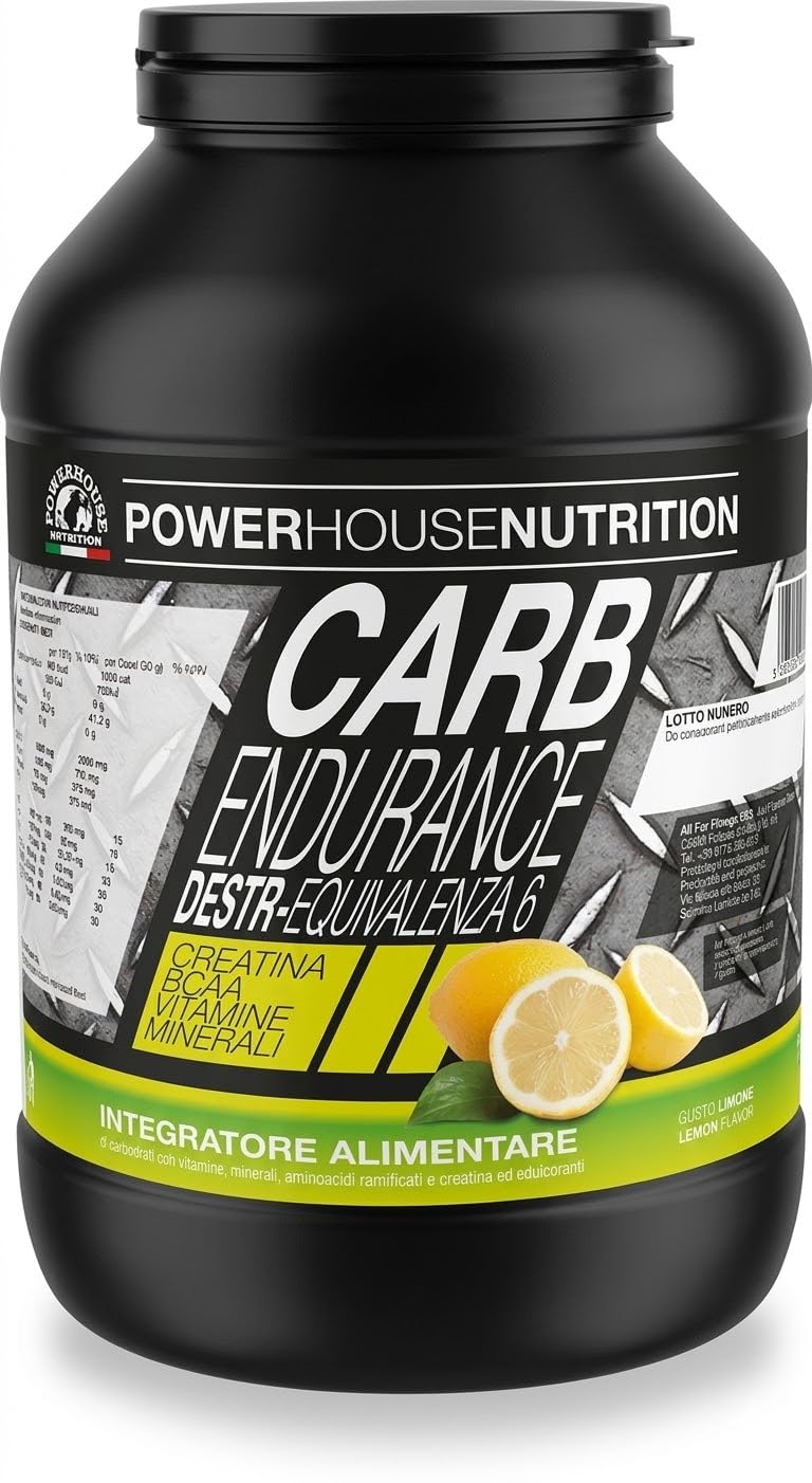Energia Graduale e Costante per Intensa Attività Fisica, CARB ENDURANCE Powerhouse Nutrition, Integratore in Polvere solubile con Edulcoranti a base di Maltodestrine, Limone, 1Kg