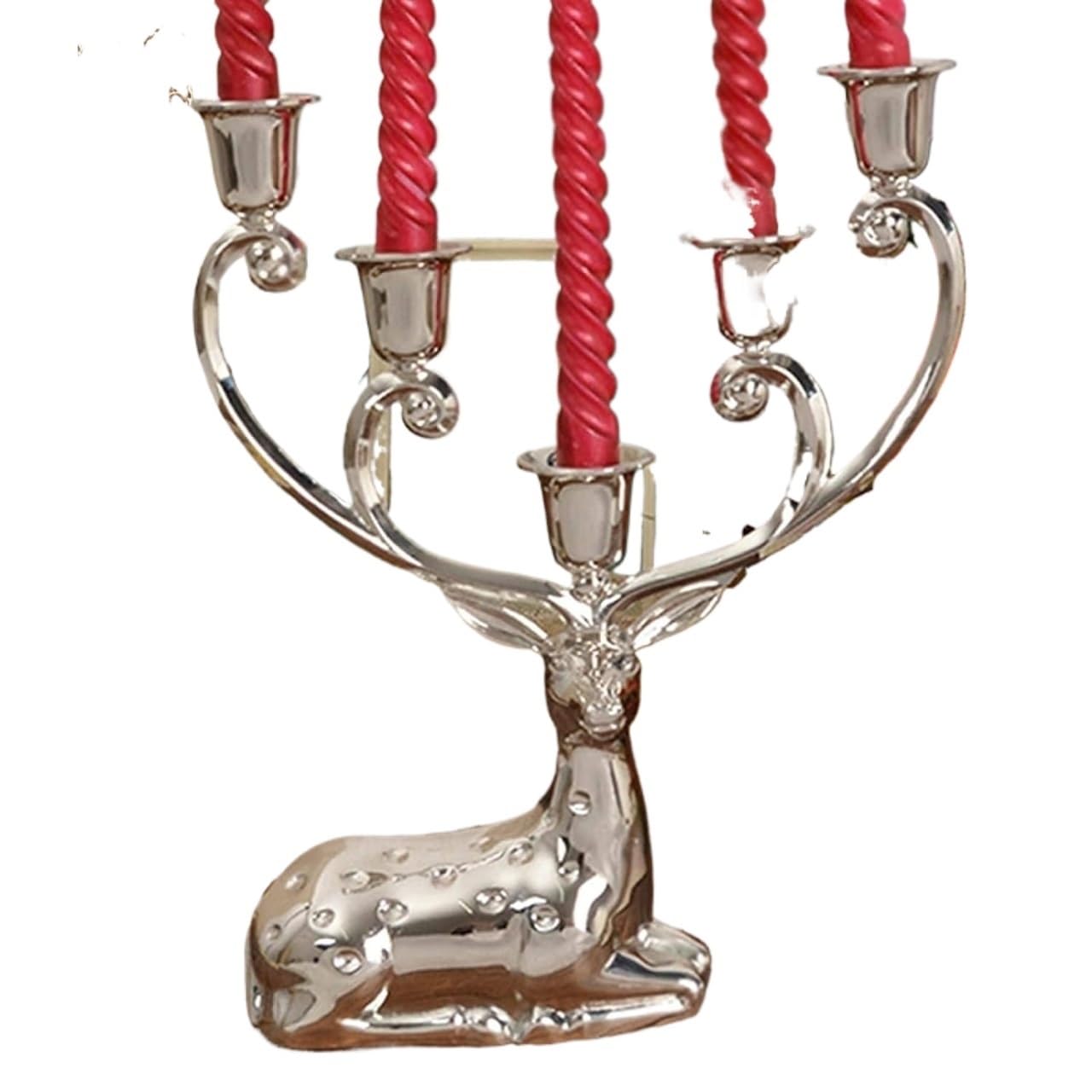 Portacandele a forma di renna in metallo con finitura argento lucido Candeliere decorativo a 5 bracci Candelabro in lega di zinco ，Portacandele
