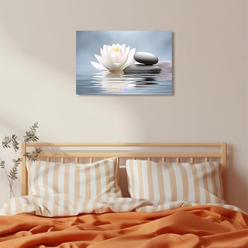 Miniatura 2 de QIXIANG Arte de pared Zen con piedras negras y flores de loto blanco, impresiones sobre lienzo para yoga, spa, meditación, decoración de baño con
