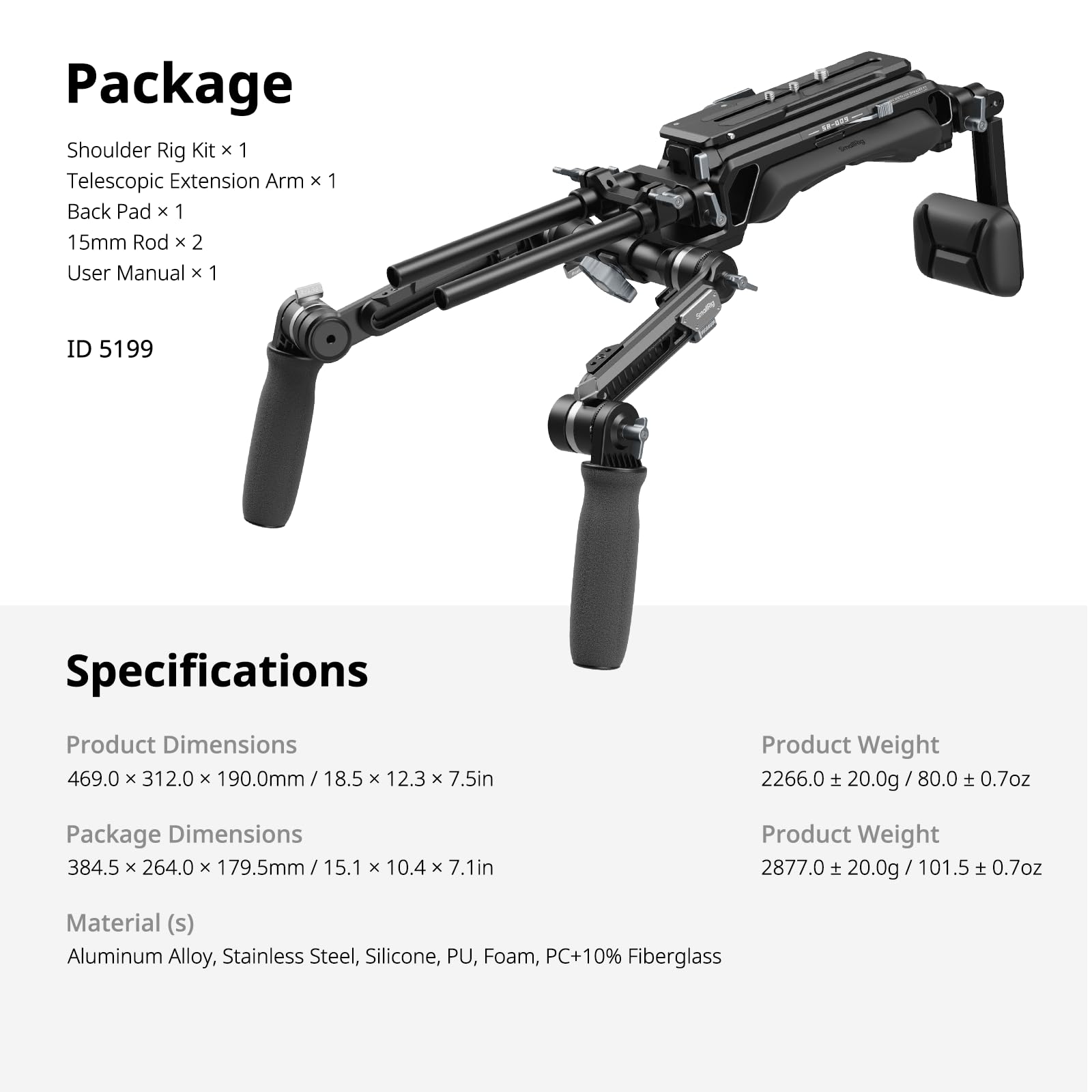 SMALLRIG Schulter-Rig-Kit für VCT-14, EIN-Tasten-Schnellverschluss, für Sony, für Canon Kinokameras, maximale Traglast von 20 KG (44 lb), mit 1/4'' Gewinde & 15mm Stangenklemme, HawkLock SR009-5199