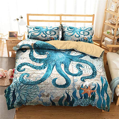 3D Meerestiere Schildkröte Delfin Meerjungfrau Tintenfisch Bettwäsche-Set Weiß Blau Orange Bettbezug und Kissenbezug Mikrofaser Sanft (Stil 4, 135x200 cm + 80x80 cm*1) Cover