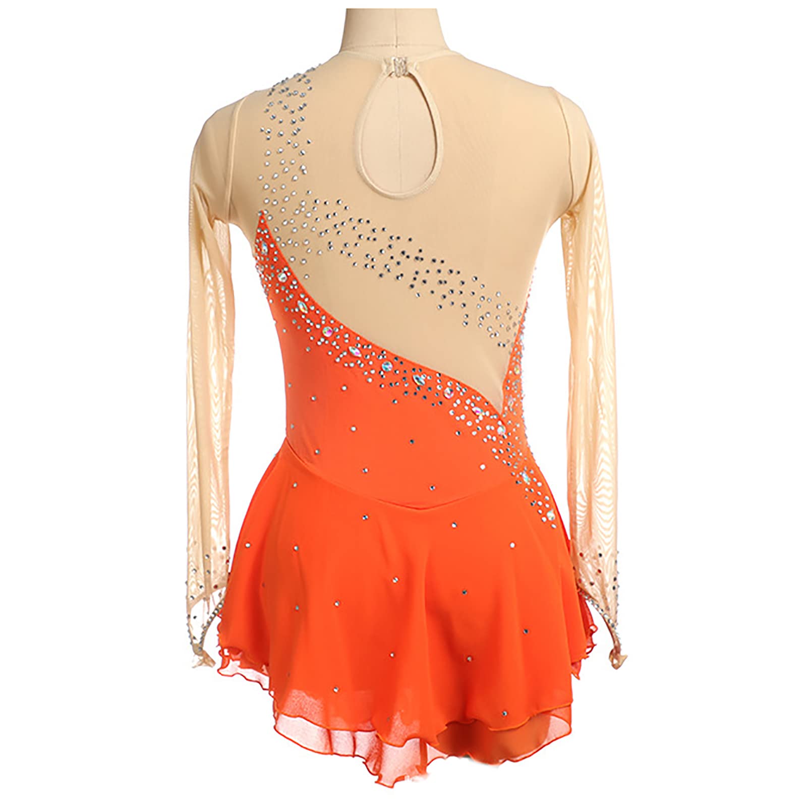 Vestido Patinaje Artístico con Cristales Strass Mujeres Manga Larga Competición Gimnástica Ropa de Baile(Size:3XL,Color:Naranja)