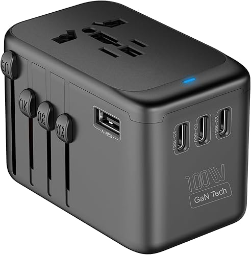 JMFONE Adaptador de viaje universal con GaN 100W, adaptador de enchufe de corriente internacional de 5 puertos 4*USB C+1*USB A y múltiples tomas AC,