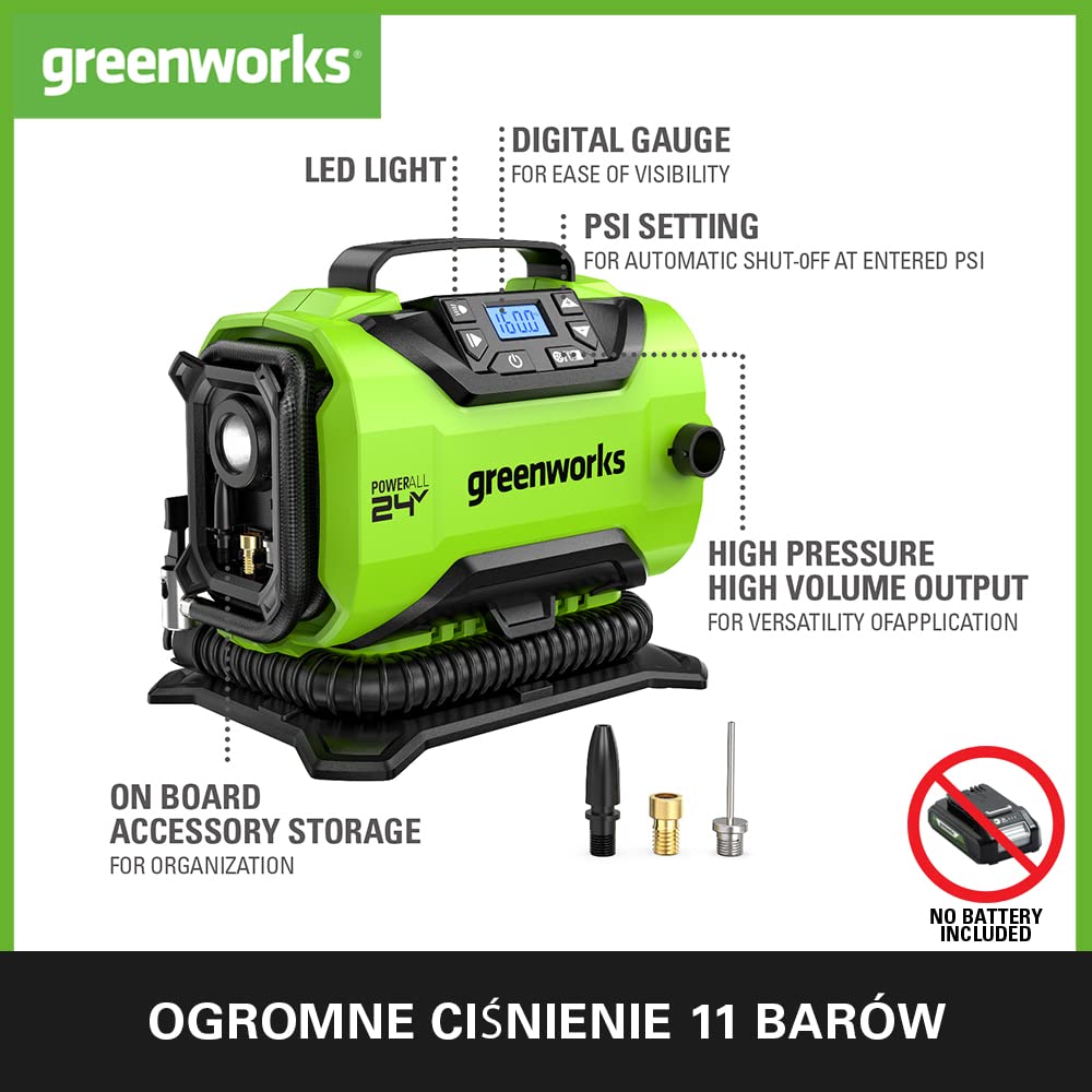 Greenworks GD24IN Inflator i Deflator Akumulatorowy, 11 barów, Niskie Lub Wysokie Ciśnienie, Automatyczne Wyłączanie z 3 Adapterami i Wężem 0,5 m BEZ Baterii i Ładowarki 24V