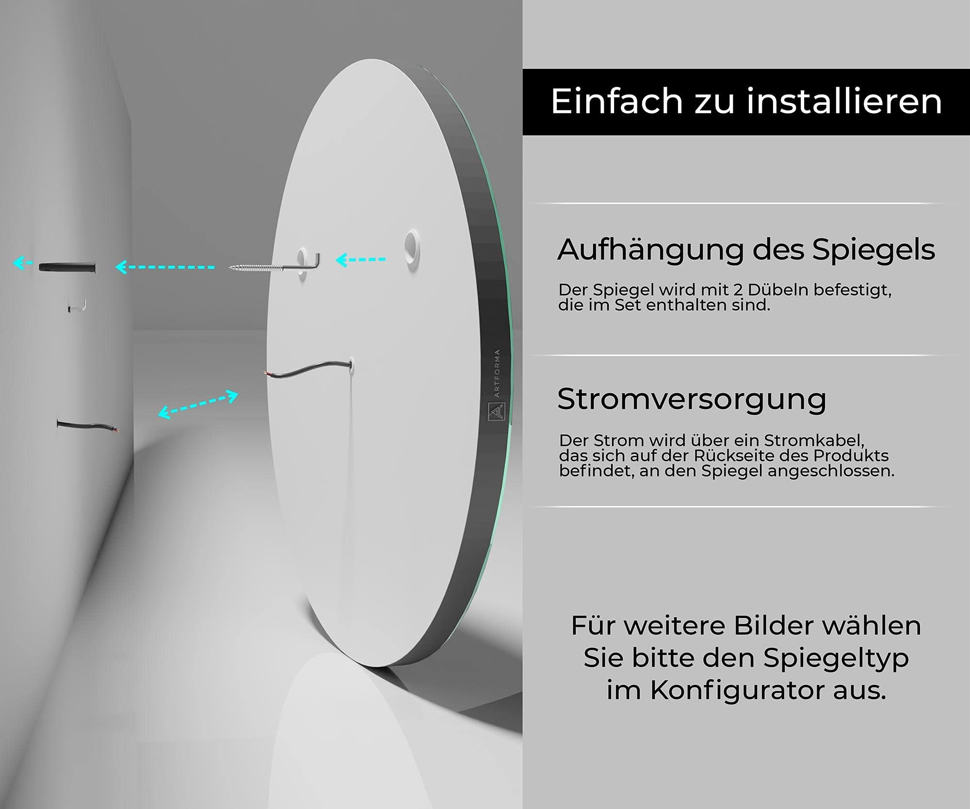 FORAM Badspiegel mit Beleuchtung - Spiegel Rund - 70x70 - Wandspiegel Nach Maß - Runder Spiegel auf Individuelle Bestellung Gefertigt - Modernes Design - Mit Rahmen