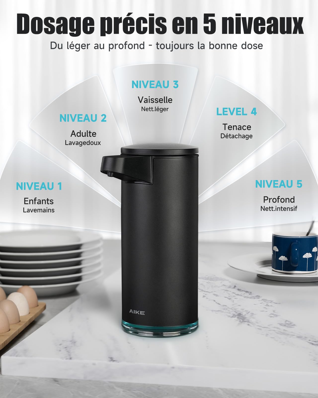 AIKE SensePro Distributeur de Savon Liquide Automatique, Rechargeable USB-C, Acier Inoxydable Noir Mat 380ml