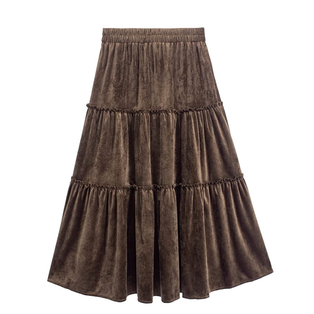 Spódnice dla kobiet Długość midi, złota aksamitna czarna spódnica zimowa Elastyczna talia Vintage Spódnice z wysokim stanem Ciepłe spódnice maxi dla kobiet Lini(Brown One Size)