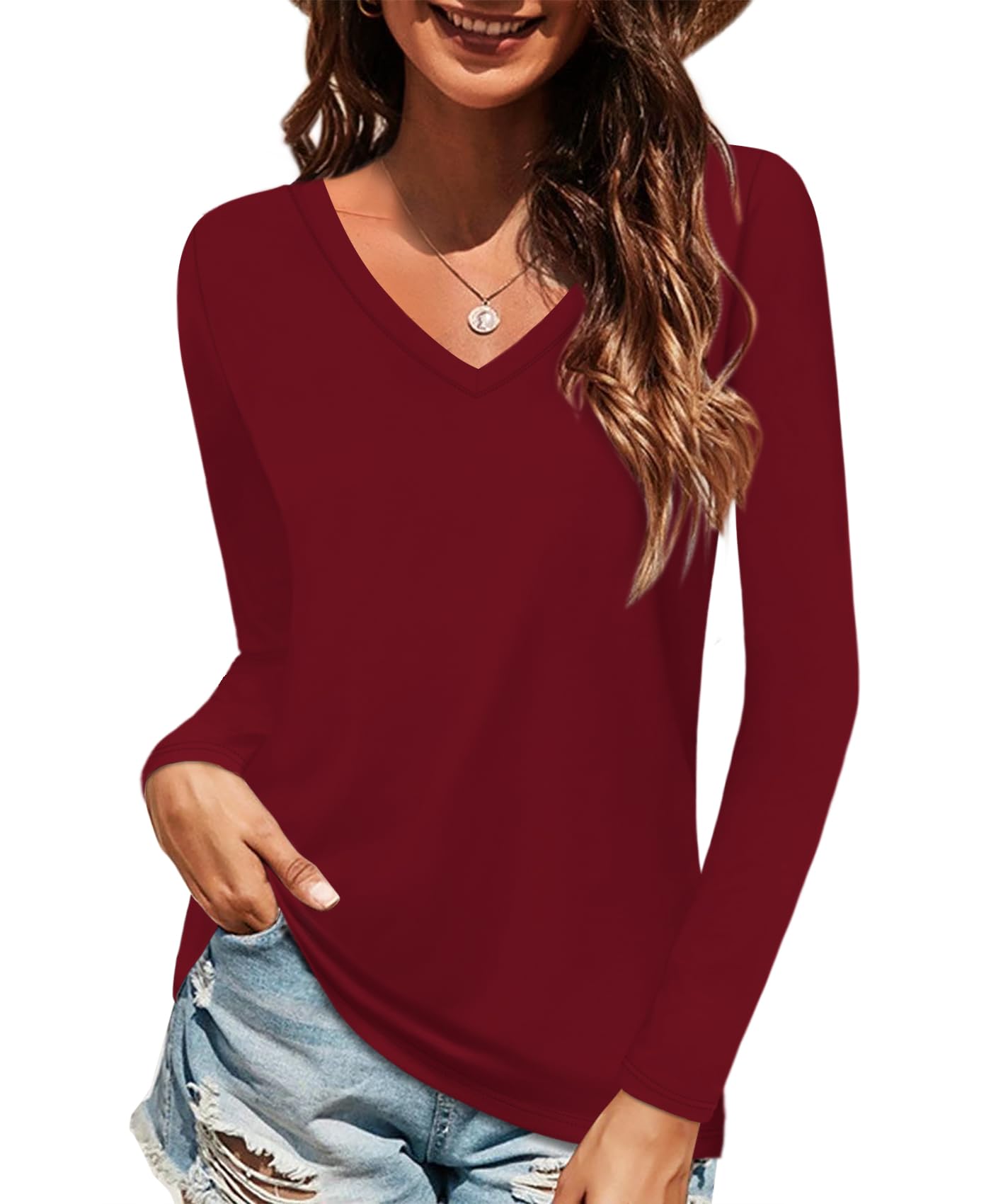Women's Cotton V Neck T Shirts Casual Long Sleeve Tops Basic Tees