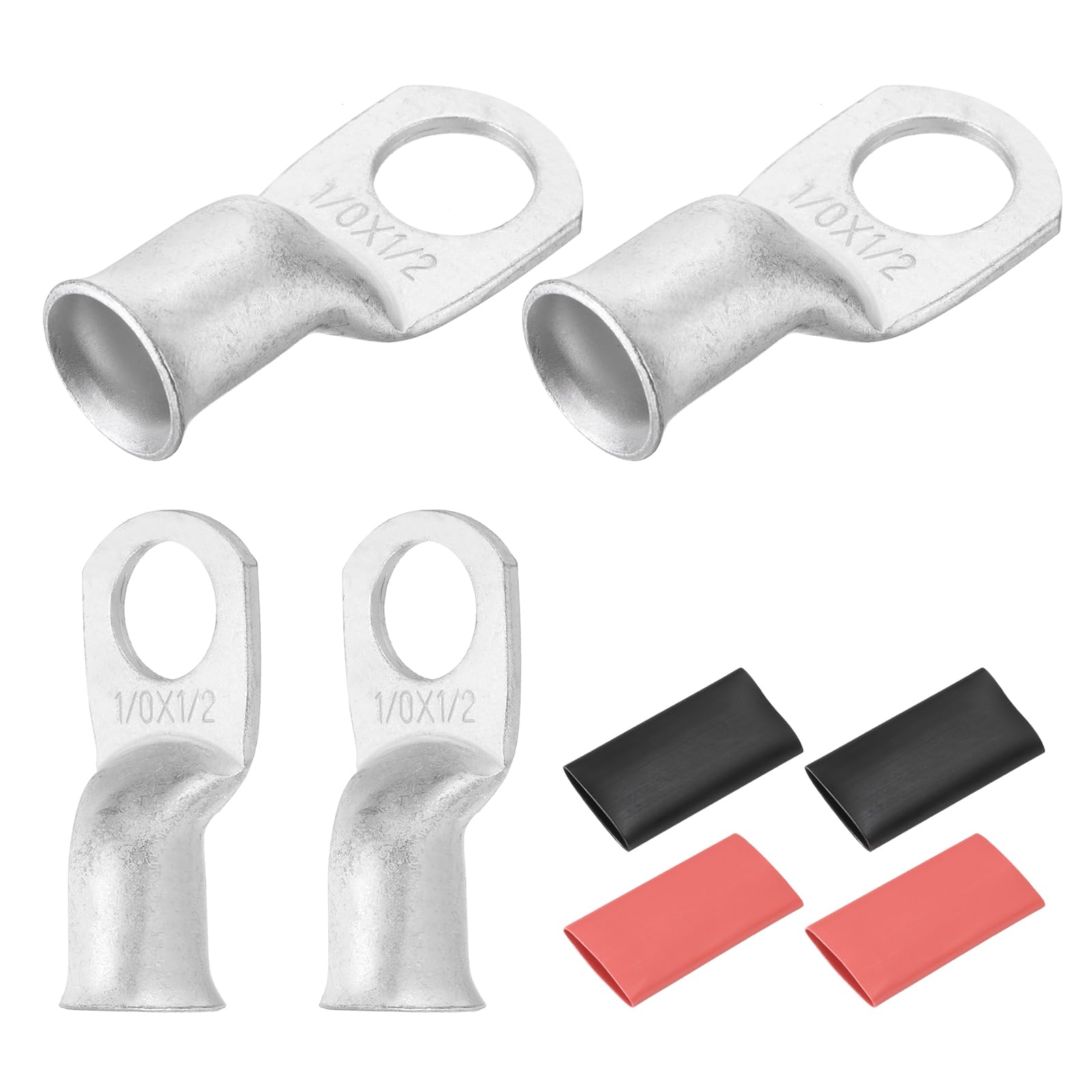 DMiotech 4 Pcs 1/0 AWG - 1/2" Tinned Copper Cable Lugs, Battery Cable Ends, Heavy Duty Copper Wire Lugs with 4pcs Heat Shrink Tubing for Electrical Projects, Silver