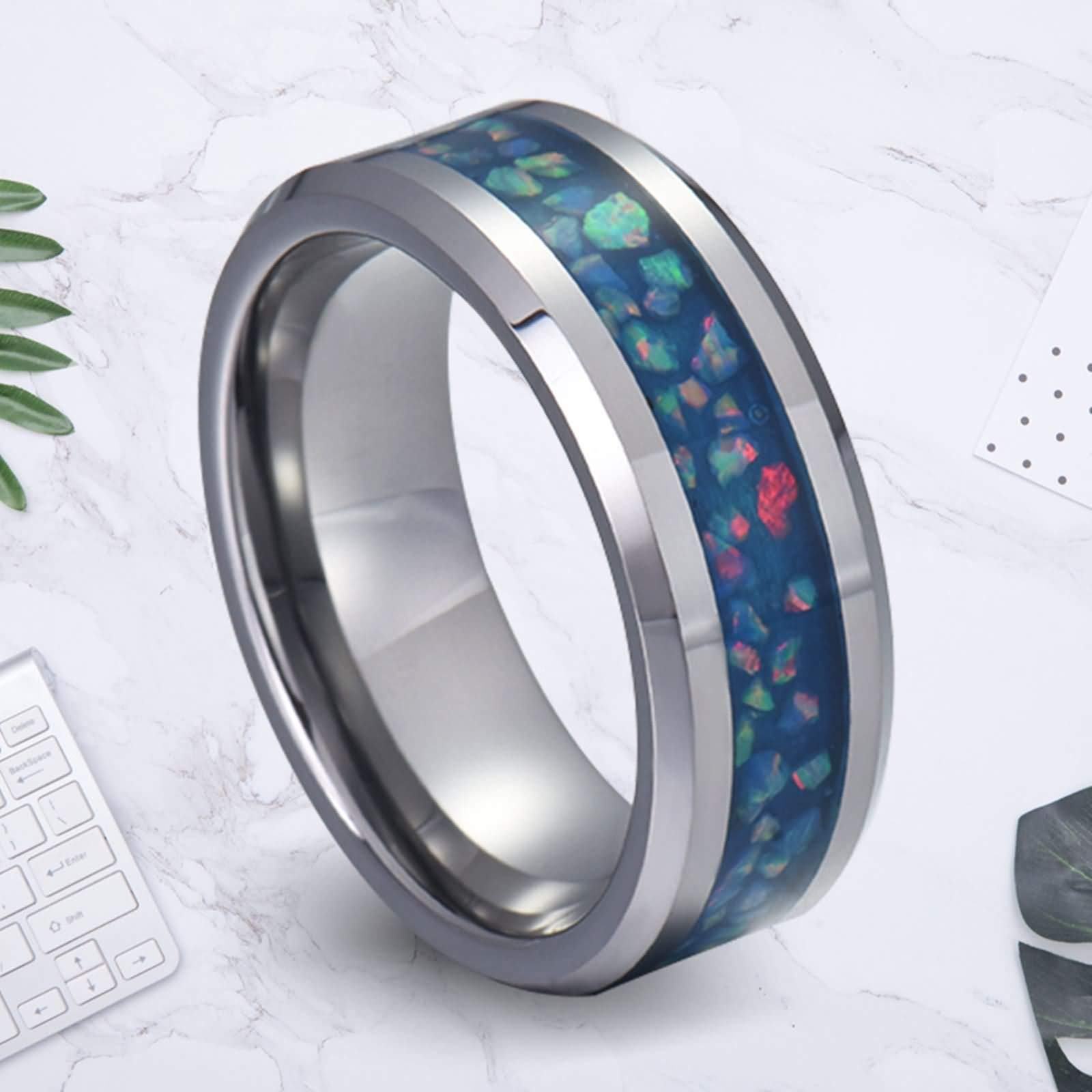 Anelli Uomo Tungsten Sintetico Blu Opale Anello Anello Uomo Incisione Personalizzata 8MM Anello Nuziale Argento Blu Misura 12-31