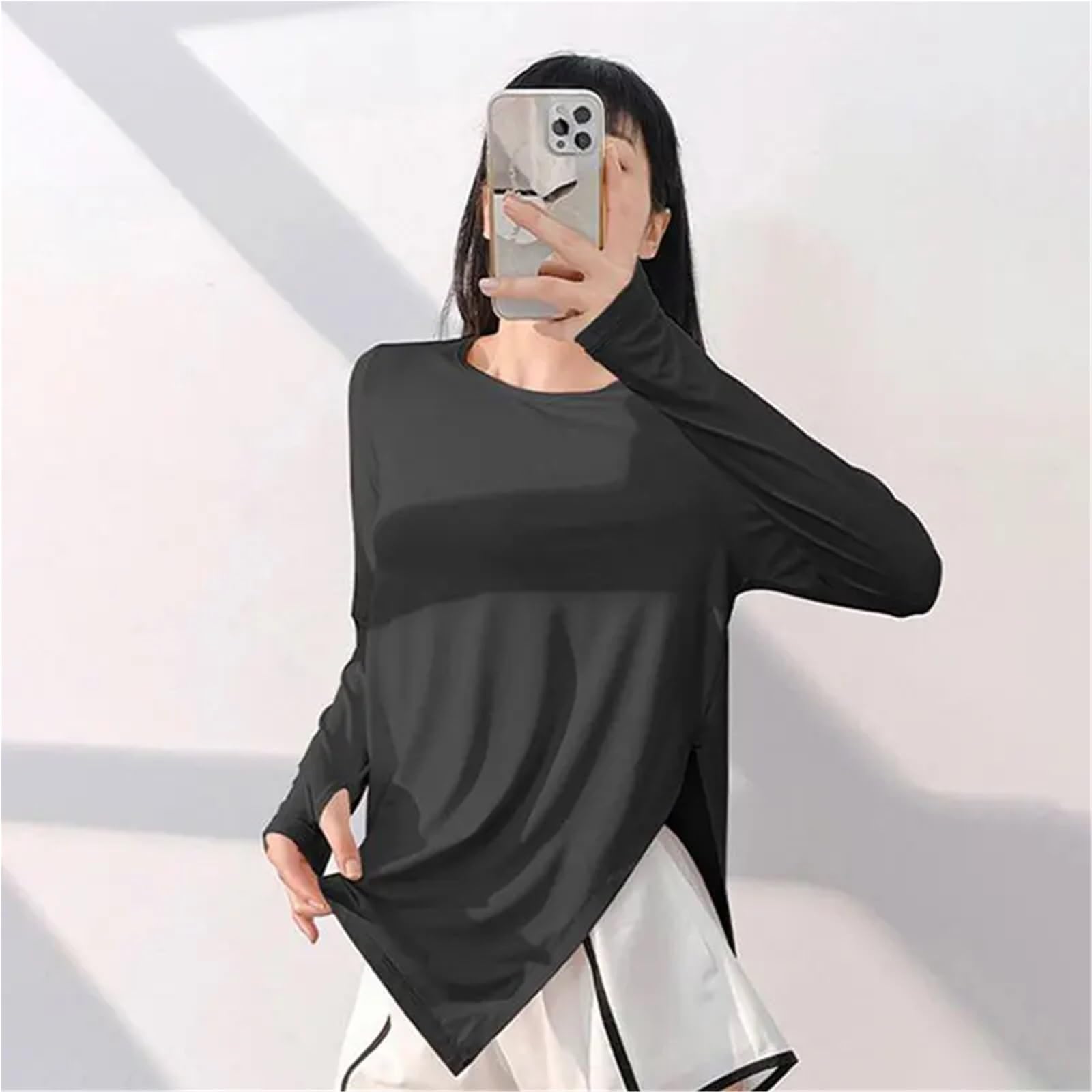 Maglietta lunga da yoga donna, girocollo, tinta unita, casual, sportiva, con protezione solare Per Donna