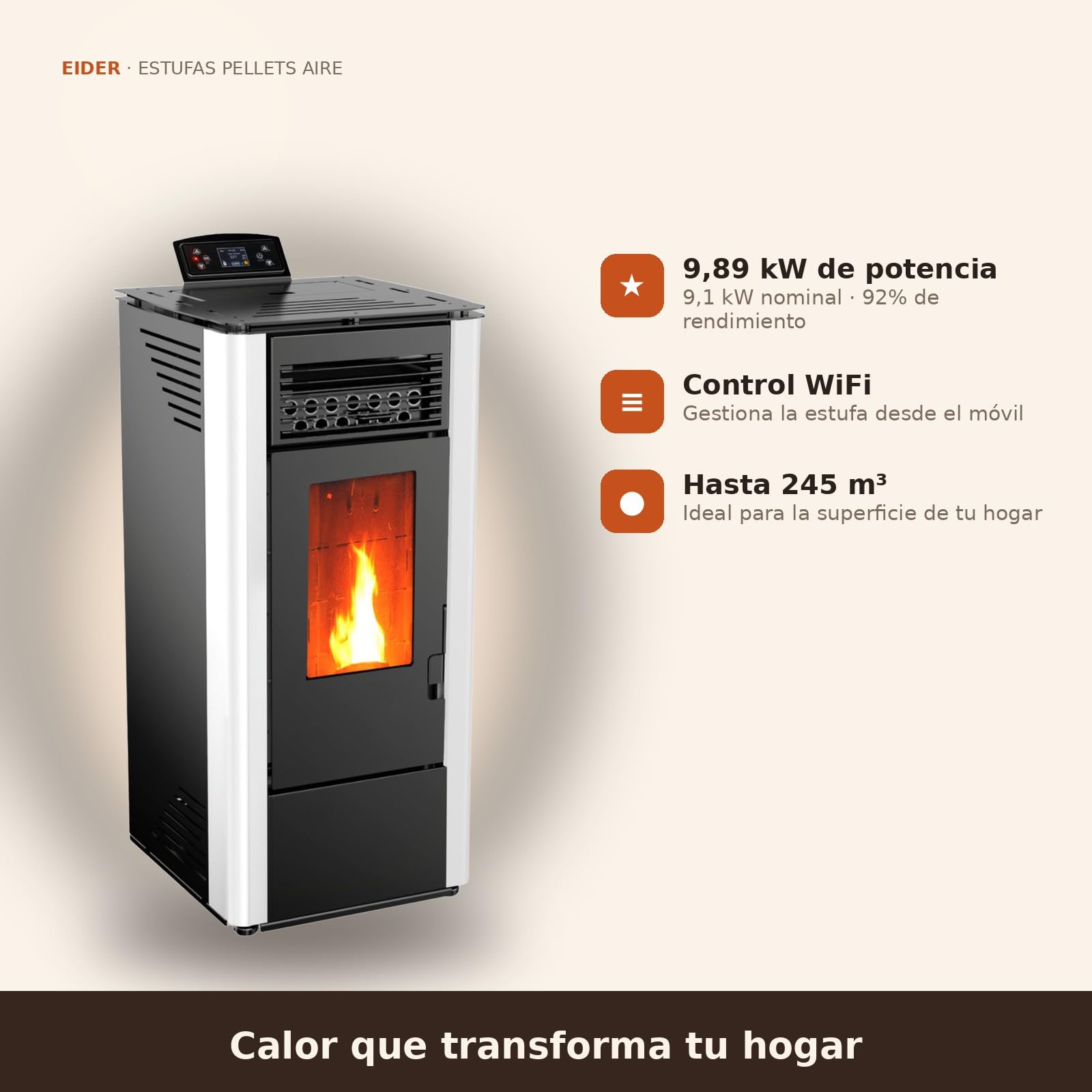 EIDER BIOMASA Estufa de Pellets KING 10 – 9,89 kW – Rendimiento 92% – Hasta 245 m³ – Tolva 15 kg – Programable WiFi – Encendido Rápido – Clase A+