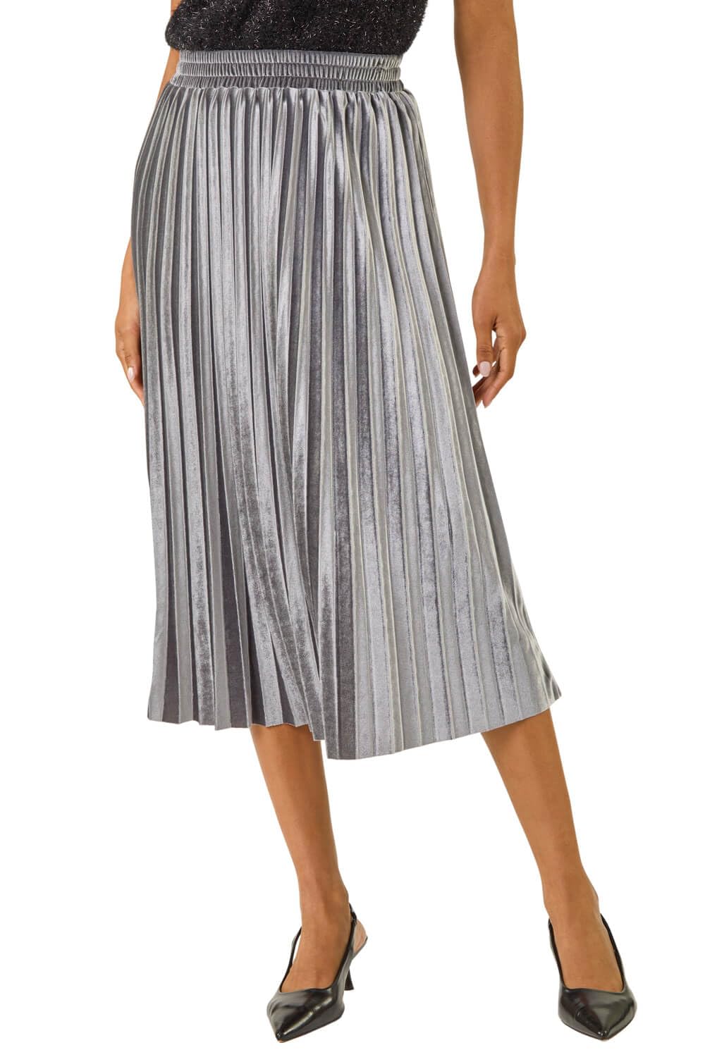 Roman Women's Silver Velvet Pleated Midi Skirt In Size 12