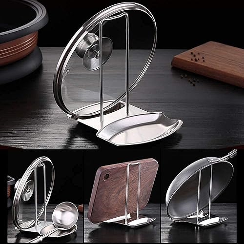 Miniatura 5 de Soporte de tapa de sartén de cocina para ollas y cucharas, organizador de utensilios de cocina de acero inoxidable, solución ordenada de escritorio