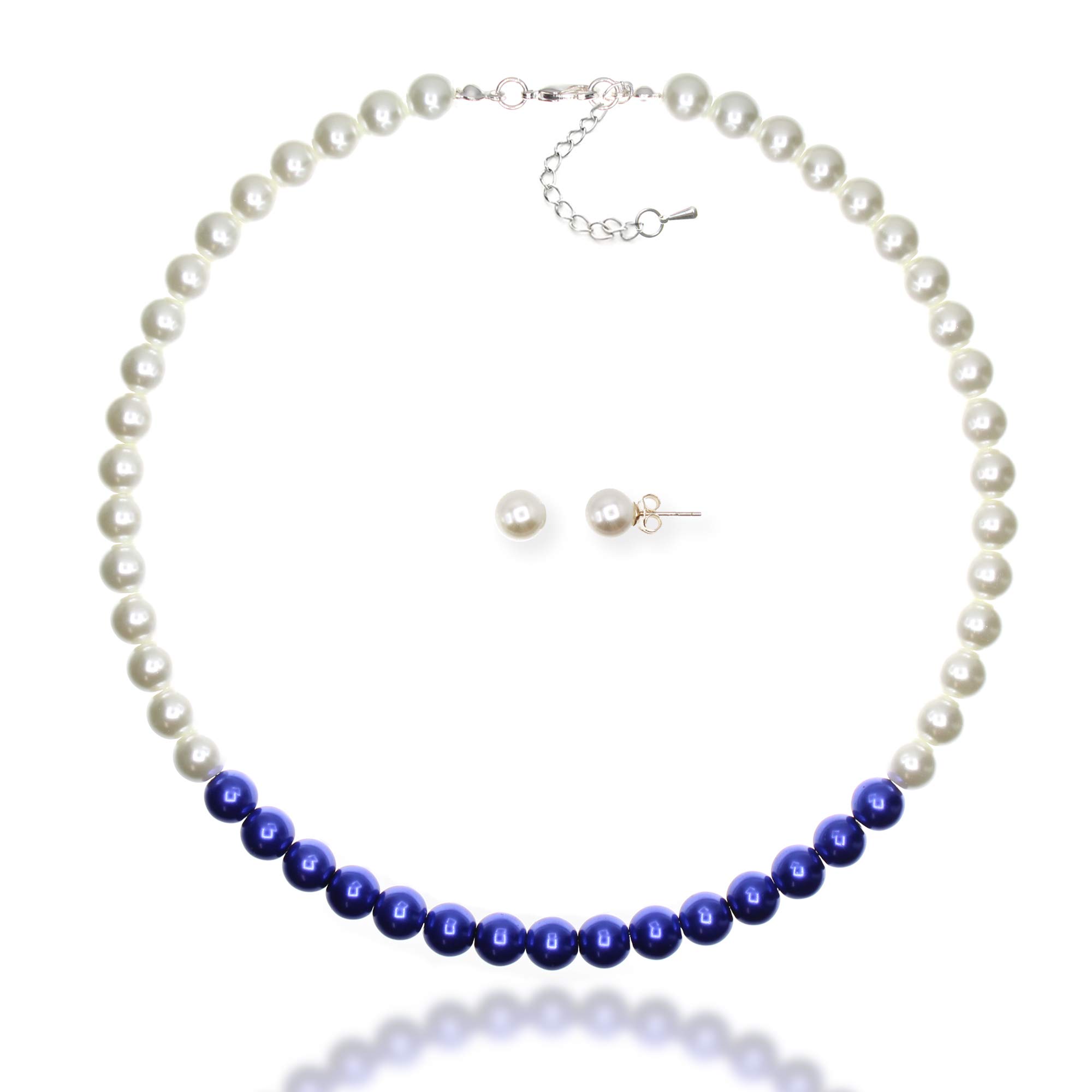 JIBSA 8mm Crystal Pearl Strand 16" Necklace with Sterling Silver Stud Earring Set for Women Bridal Wedding Dress Party Sorority Colors Daily Wear