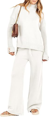 Caracilia Conjuntos de dos piezas para mujer, conjunto de suéter de 2 piezas, manga larga, suéter de punto, pantalones de pierna ancha, conjuntos de