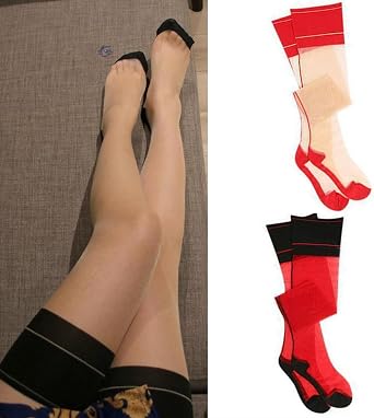 Sheer Silk Thigh High Stockings Contrast Top Cuban Heel Nylon Long Socks Backseam Seamed Stockings