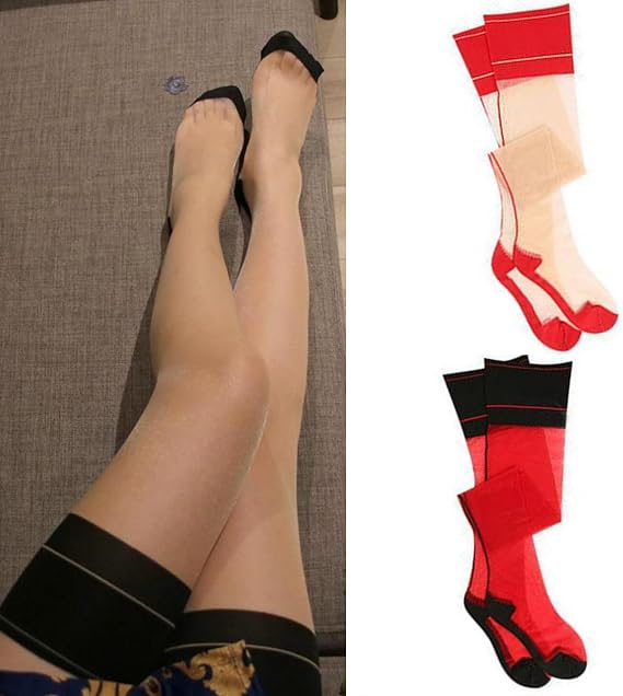 Sheer Silk Thigh High Stockings Contrast Top Cuban Heel Nylon Long Socks Backseam Seamed Stockings