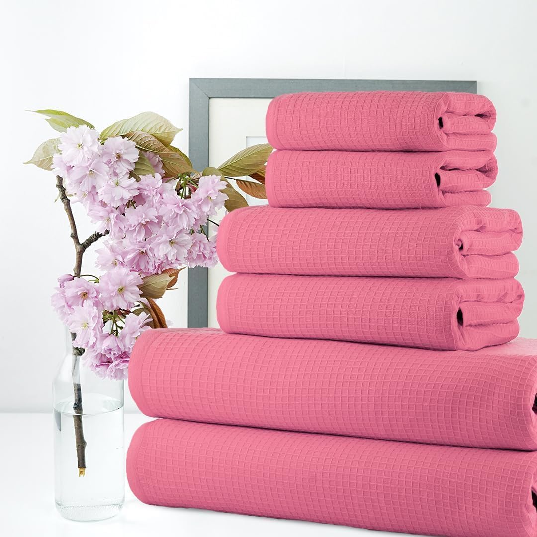 CASA COPENHAGEN Set di 6 asciugamani da bagno, 600 GSM, Rosa | Waffle Set regalo in 100% cotone egiziano: 2 teli da bagno, 2 asciugamani viso, 2 panni per il viso (per uomo e donna)
