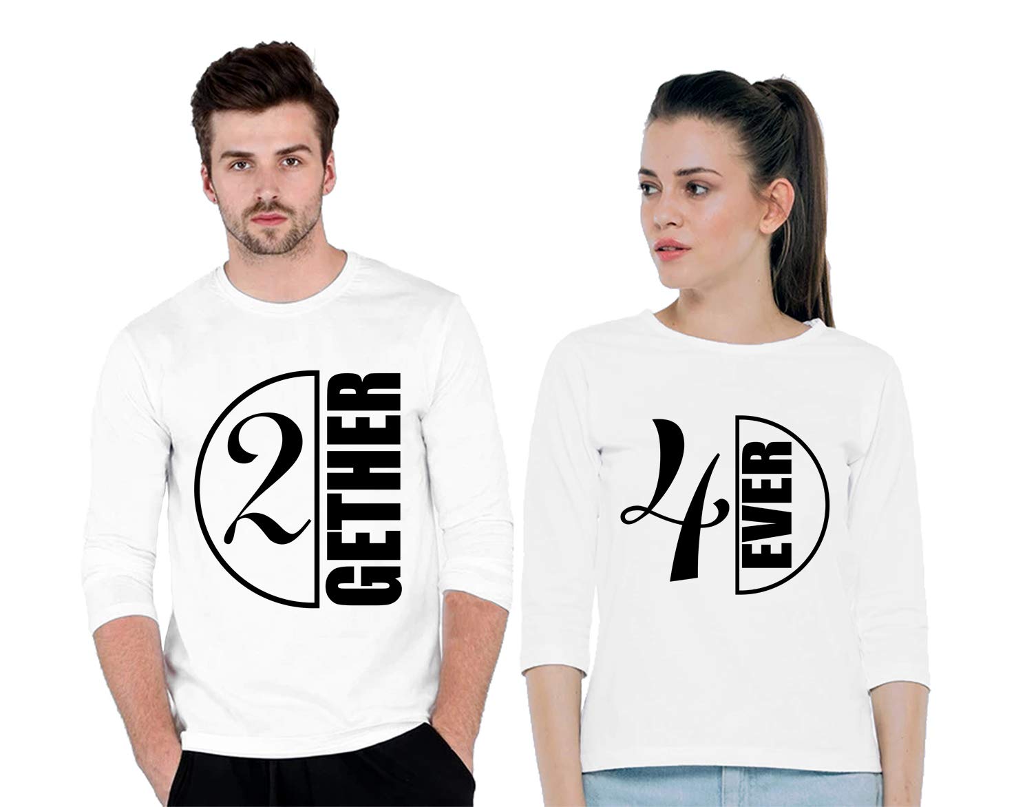 Tween TrendsDigital Printed Together Forever Full Sleeve White Roundneck Matching Couple T-Shirts