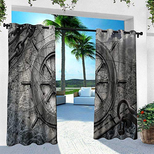 leinuoyi Ships Wheel, for Front Porch Covered Patio Gazebo Dock Beach Home, Retro Navigation Equipment Illustration with Steering Wheel Charts Anchor Chains, W120 x L96 Inch, Charcoal