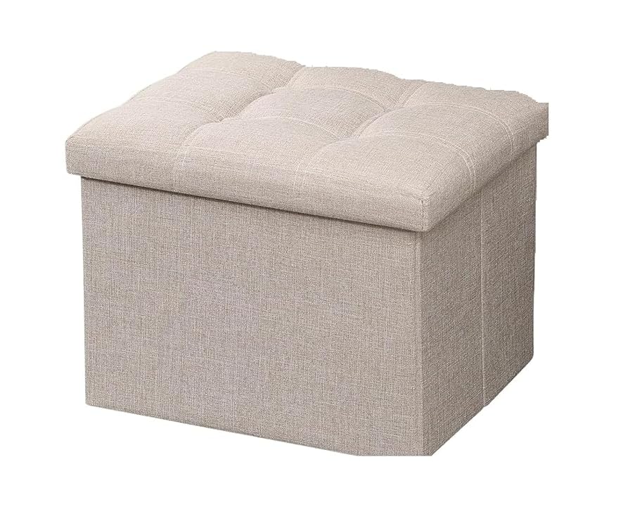 Image of AR Mall Folding Storage Ottoman, Long Shoes Sofa Bench, Fabric Linen Footrest Stool for Laundry, Storage Space, End Bed Storage Seat, Toys Organizer Bin Box with Lidded (Beige, 43X33X33 CM)