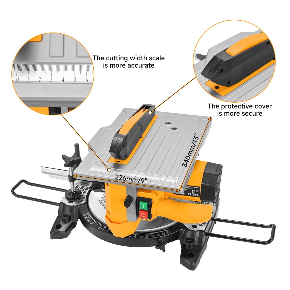 Hoteche Sega da tavolo multifunzione da 210 mm, 1200 W, 4500 giri/min, motore in rame, sega circolare da tavolo con lama per sega TCT 210 x 30 mm 24T per tagli precisi 0° 45° con accessori e barre di
