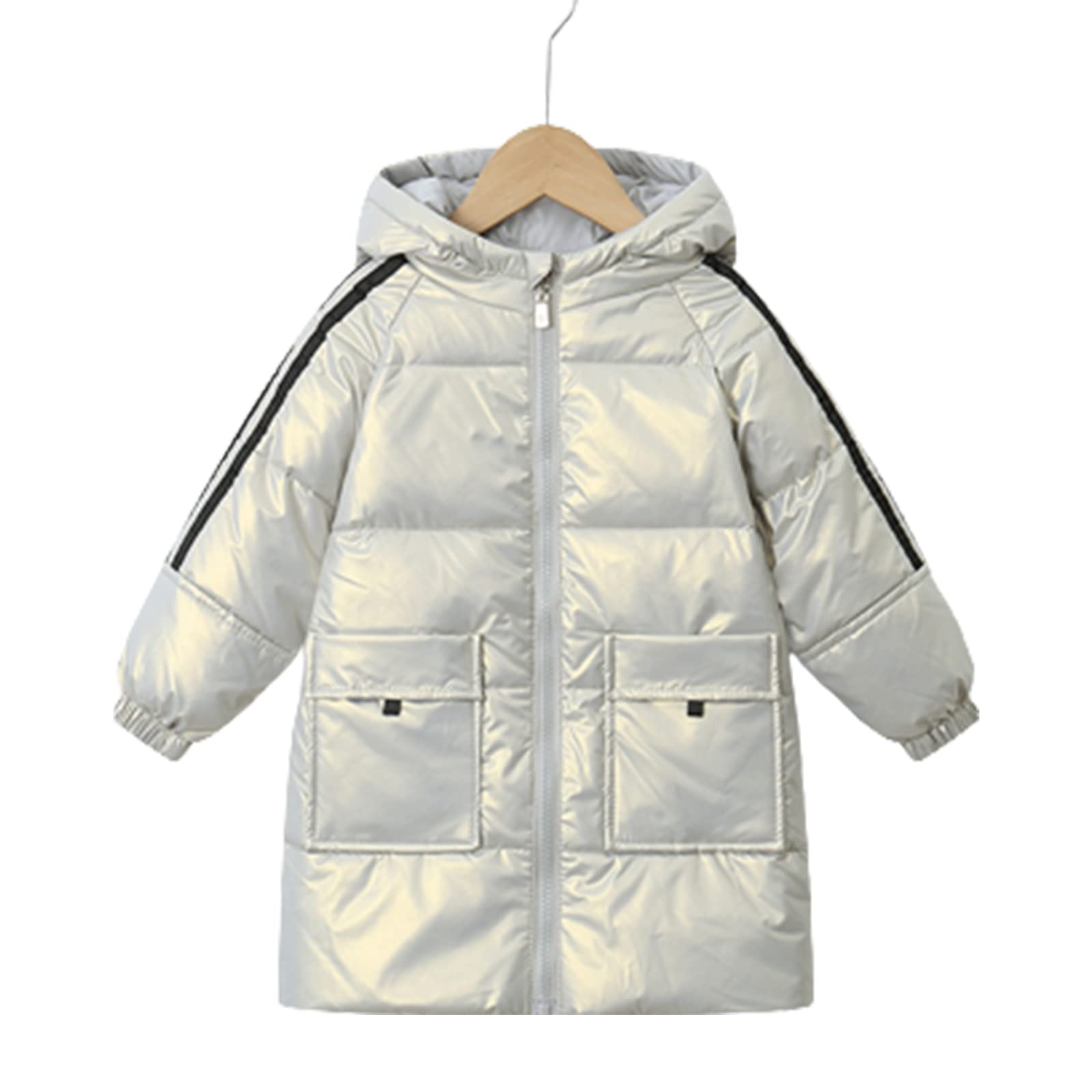 Piumino D'Anatra Bianco per Bambini, Giacca Sportiva di Media Lunghezza da Ragazzo, Giacca Invernale con Cappuccio da Ragazza, Antivento e Calda,Silver,9(100CM16KG)