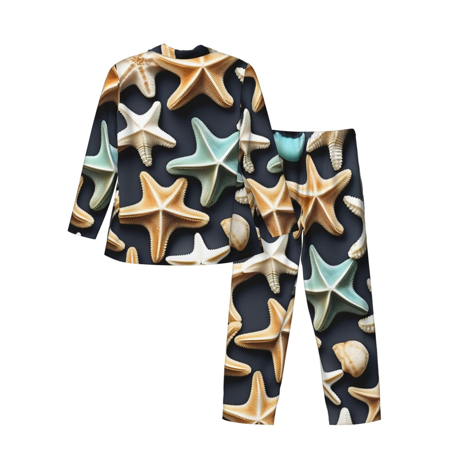 Herren-Pyjama-Set, langärmelig, Seesternmuster, zweiteilig, bequem, Nachtwäsche