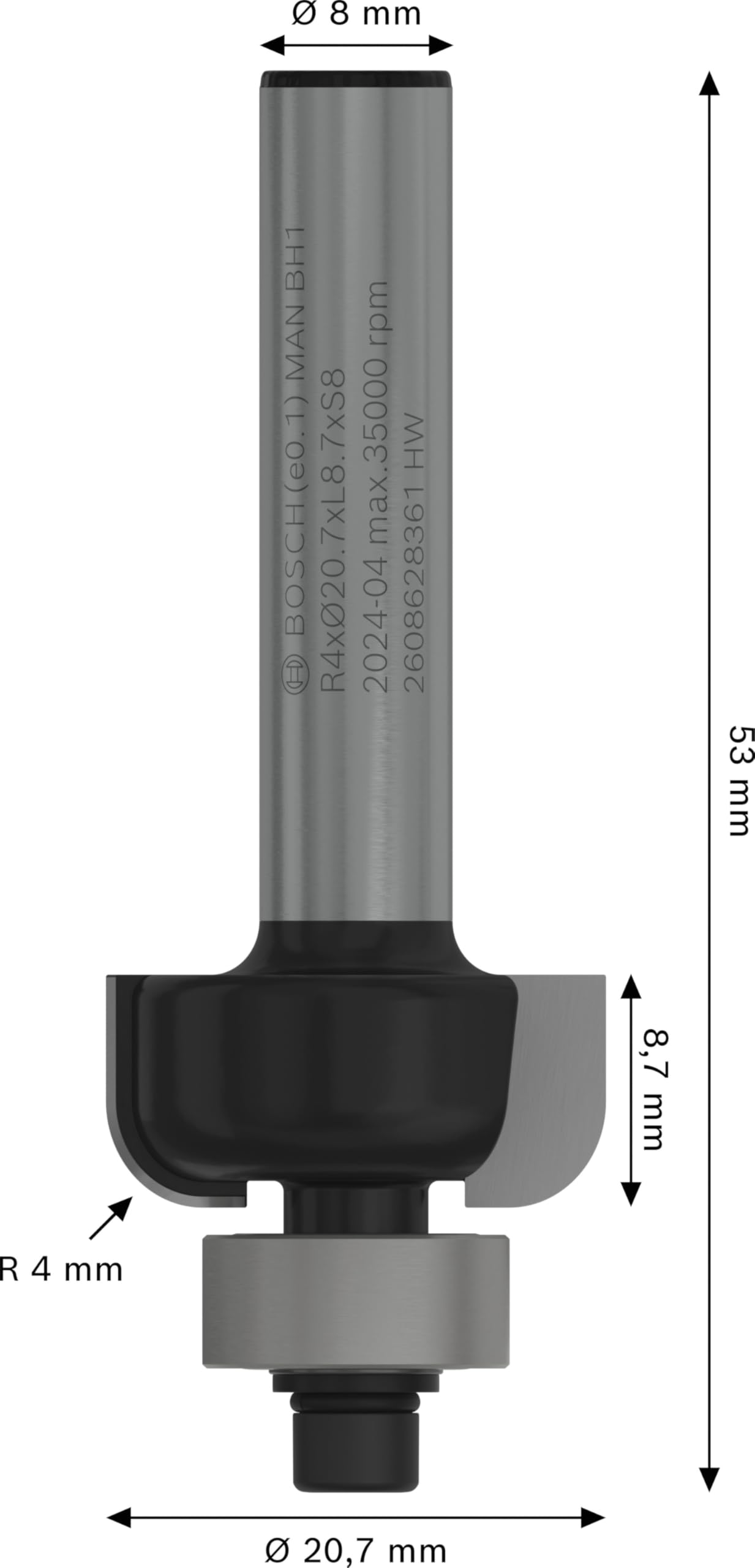 Bosch Professional Fresa per profili E 8 mm, R1 4 mm, D 20,7 mm, L 9 mm, G 53 mm