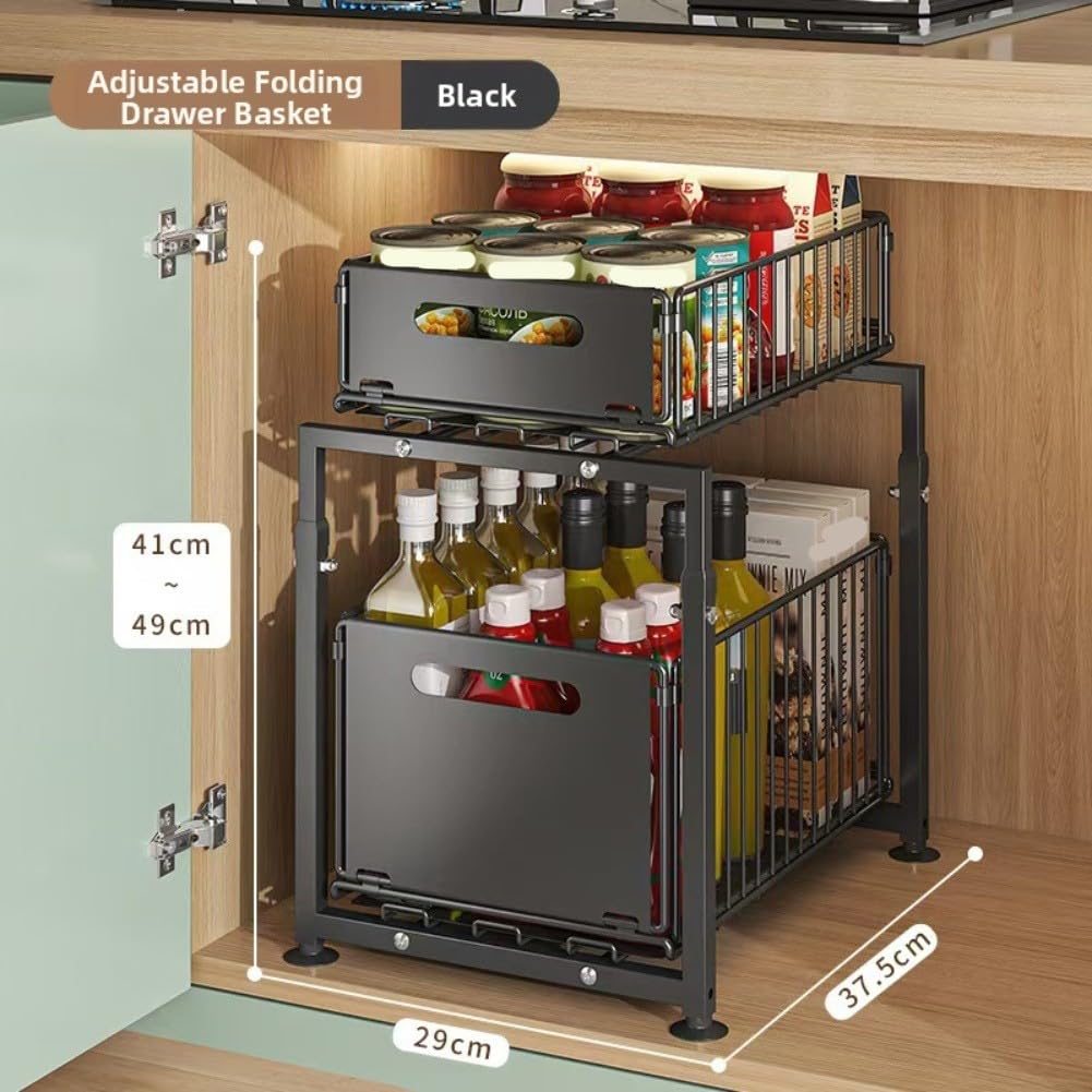 XBTGS Mensola regolabile sotto il lavello con design estraibile a 2 ripiani in acciaio al carbonio per cucina o bagno, altezza 41-49 cm mize spazio e disordine,