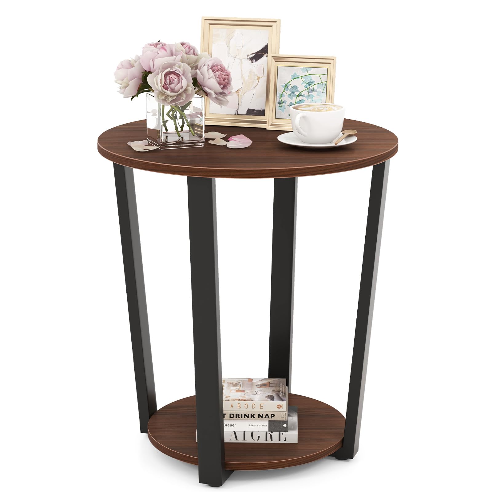 COSTWAY Table d'Appoint Ronde, Bout de Canapé 2 Niveaux en Bois, Cadre en Métal, Petite Table Basse pour Salon, Balcon, Chambre, Bureau, Industriel (Noyer)
