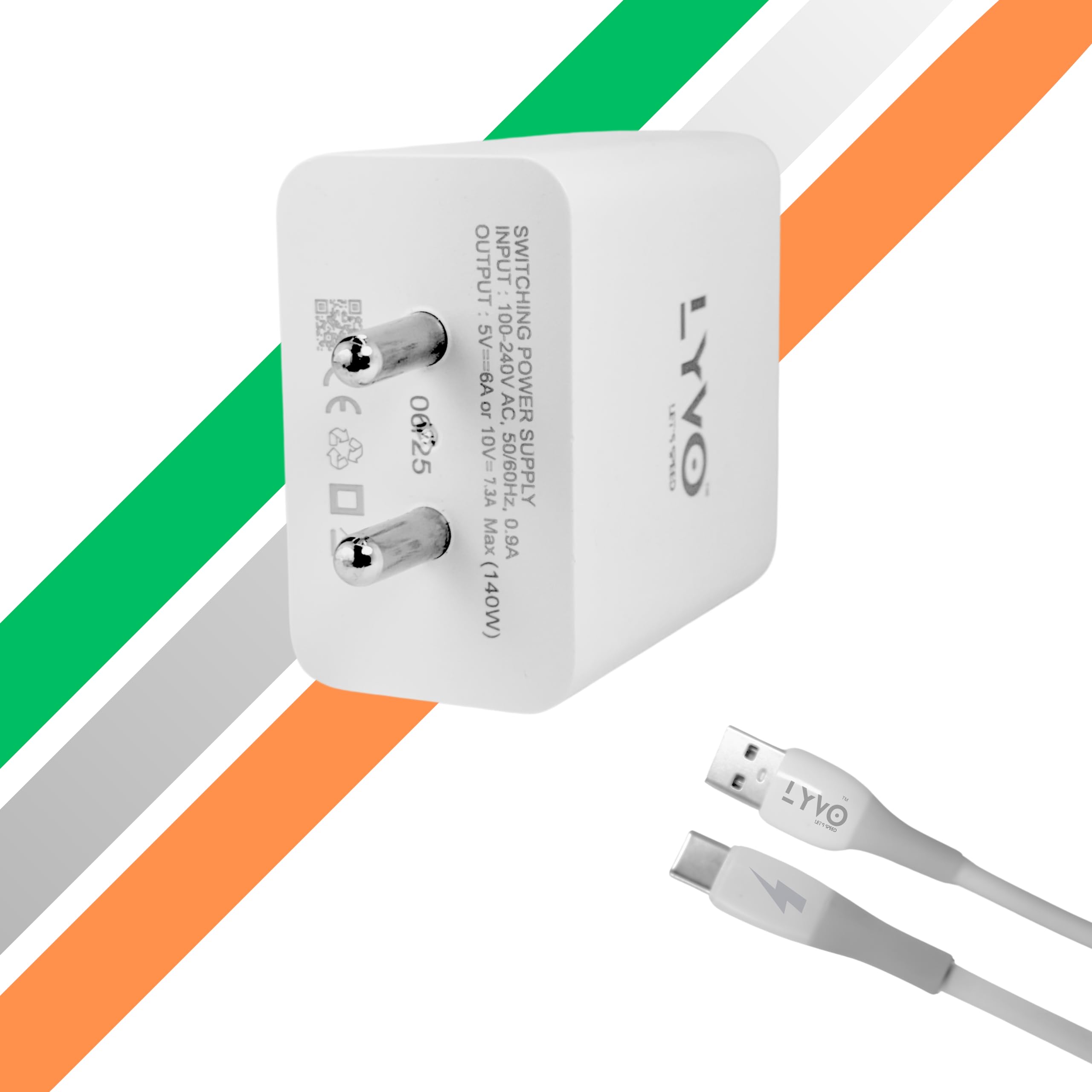 LYVO 140W PD (Power Delivery) Fast Wall Charger with Dual Ports (USB-A & Type-C) | 7.3A Universal Adapter for Mobile Phones, Tablets, Laptops & More | Includes Detachable USB-C to USB-C Cable (White) - Image 4 thumbnail