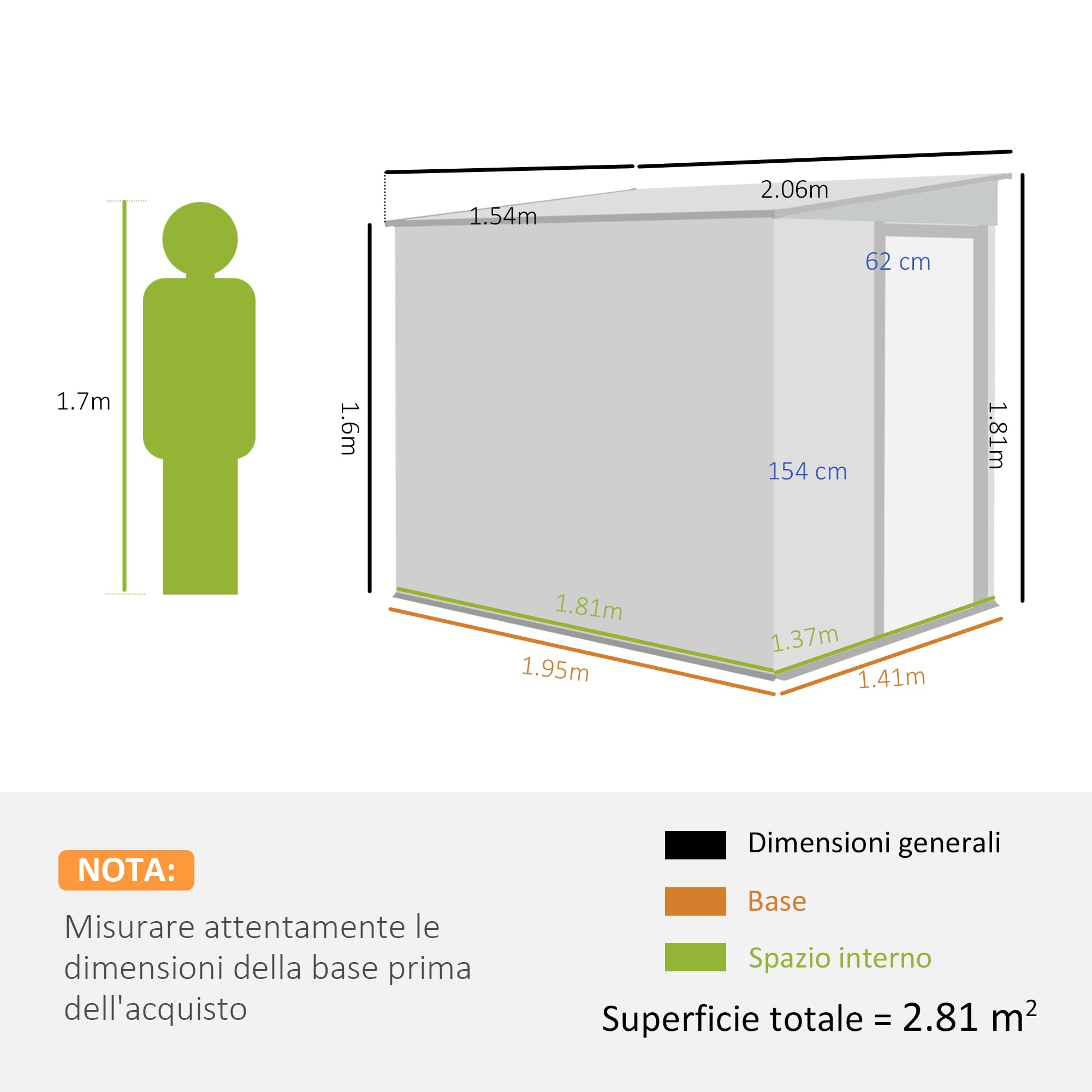 Outsunny Casetta da Giardino 2.81m² Acciaio Zincato Capanno Porta Attrezzi Addossato Porta Scorrevole Tetto Inclinato Verde