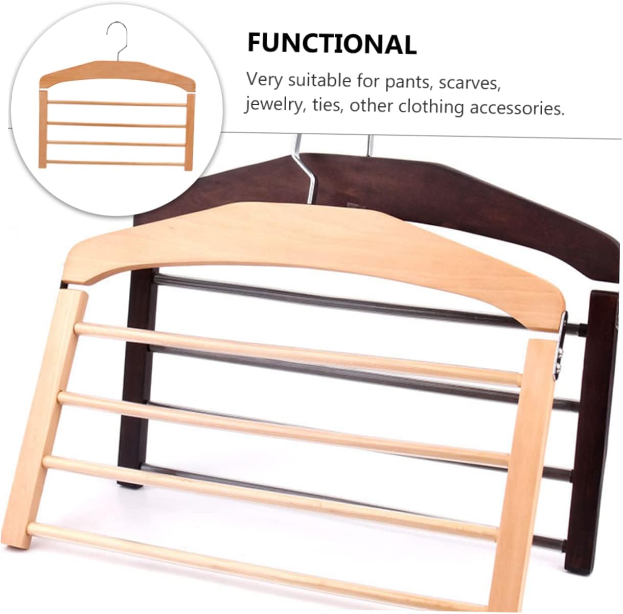 1pc Multifunctional Non-Slip Wooden Pants Drying Hanger Rotatable Hooks Space-Saving Multi Design for Jeans Trousers Scarves and Accessories