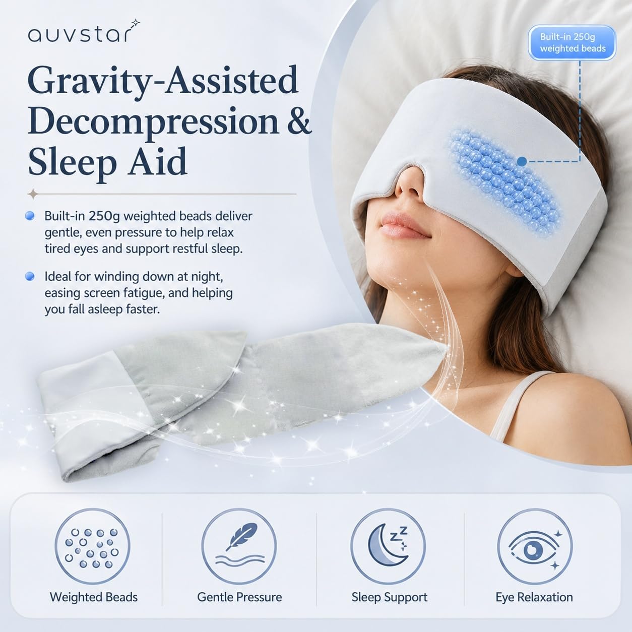 auvstar Antifaz para Dormir, Antifaz Seda y Algodón con Bolas de Gravedad, Velcro Silencioso y Cremallera, 72x11.5cm, Talla Universal para Sueño Nocturno y Viajes en Avión