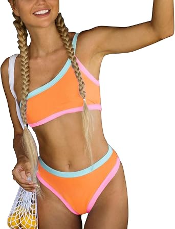 Womens Ribbed Bikini Sets One Shoulder Top Two Piece Swimsuits | Girl Mid Rise Bottom, Thong Swimwear,Teens Bathing Suit