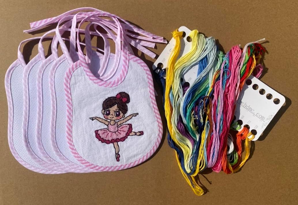 Cross stitch bib kits of 5pcs blank cotton 14ct aida fabric with patterns and hoops to quick start for expecting mom stress relief to make personalized welcome gift to new born in pink edge