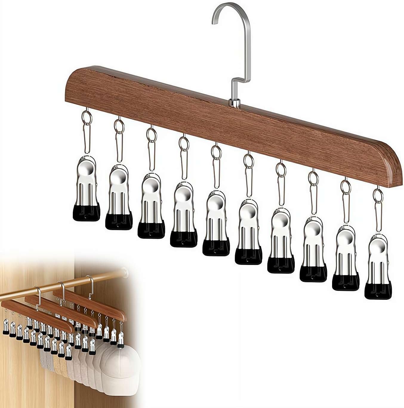 Closet Organizer with 10 Metal Clips – Space Saving Wood Hanging Organizer for Leggings, Jeans & Skirts – 360° Rotating Hanger with Protective Silicone Lining for Hats, Socks, Dorm & Wardrobe Storage