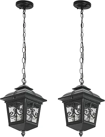 Outdoor Pendant Lights for Porch Entryway Yard Front Door Patio, Waterproof Outside Hanging Lights Fixture Adjustable Chain Black Exterior Lantern Pendant Lamp Outdoor Chandelier, 2 Pack