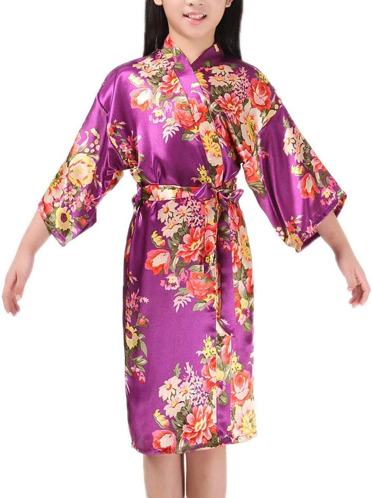 JZLPIN Girls Floral Print Satin Kimono Robe Bathrobe - Wedding Robe - Bridesmaids Dressing Gown