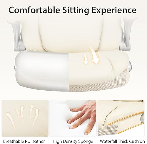 Miniatura 3 de COSTWAY Silla de oficina ejecutiva, silla ergonómica de piel sintética para computadora con reposabrazos abatibles y soporte lumbar, silla de tareas