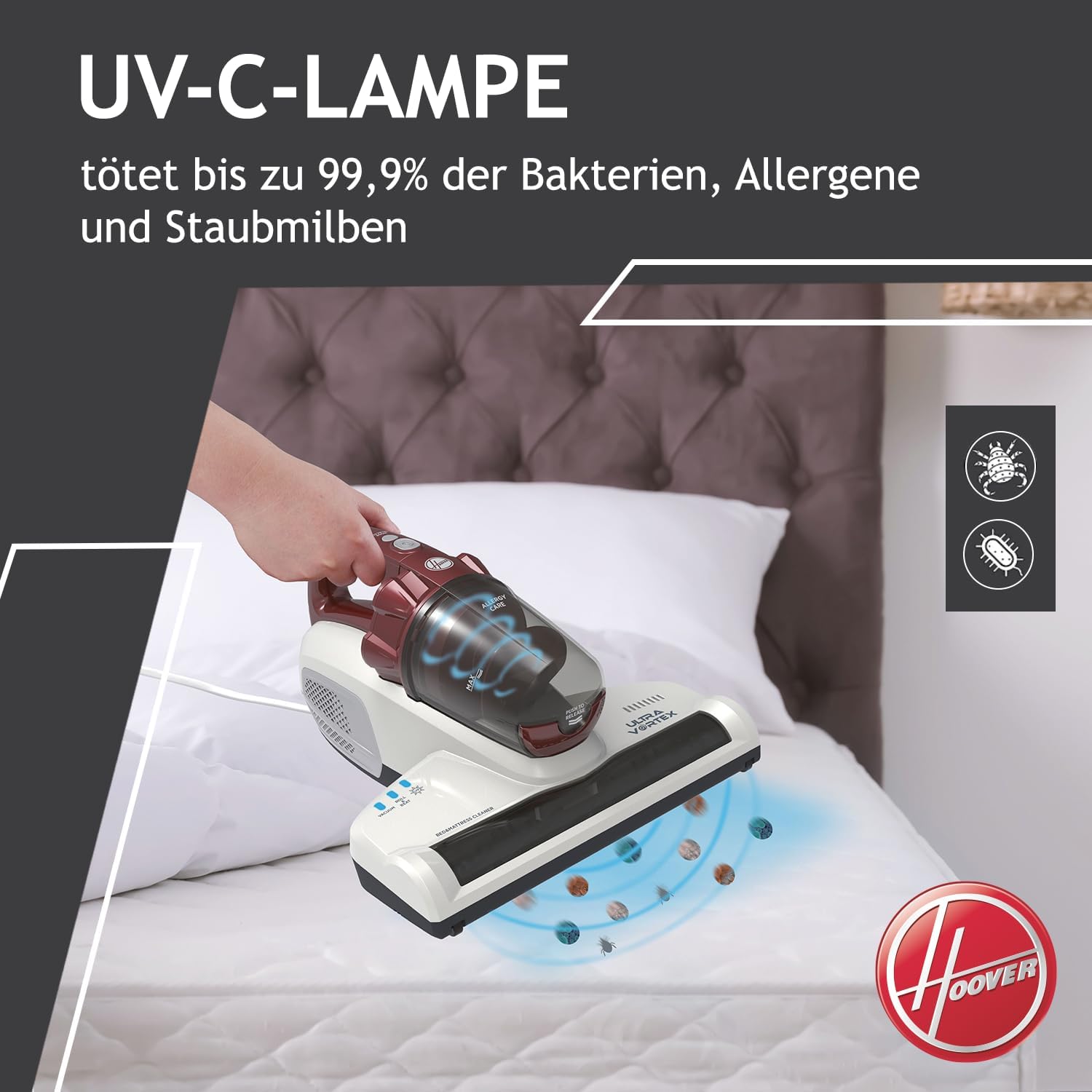 Hoover MBC500 Milbensauger mit UV-Licht, bekämpft Bettwanzen – 3in1 Matratzensauger entfernt 99,9% Bakterien, Allergene, Staub-Milben von Sofas, Polster – Matratzenreiniger für Allergiker