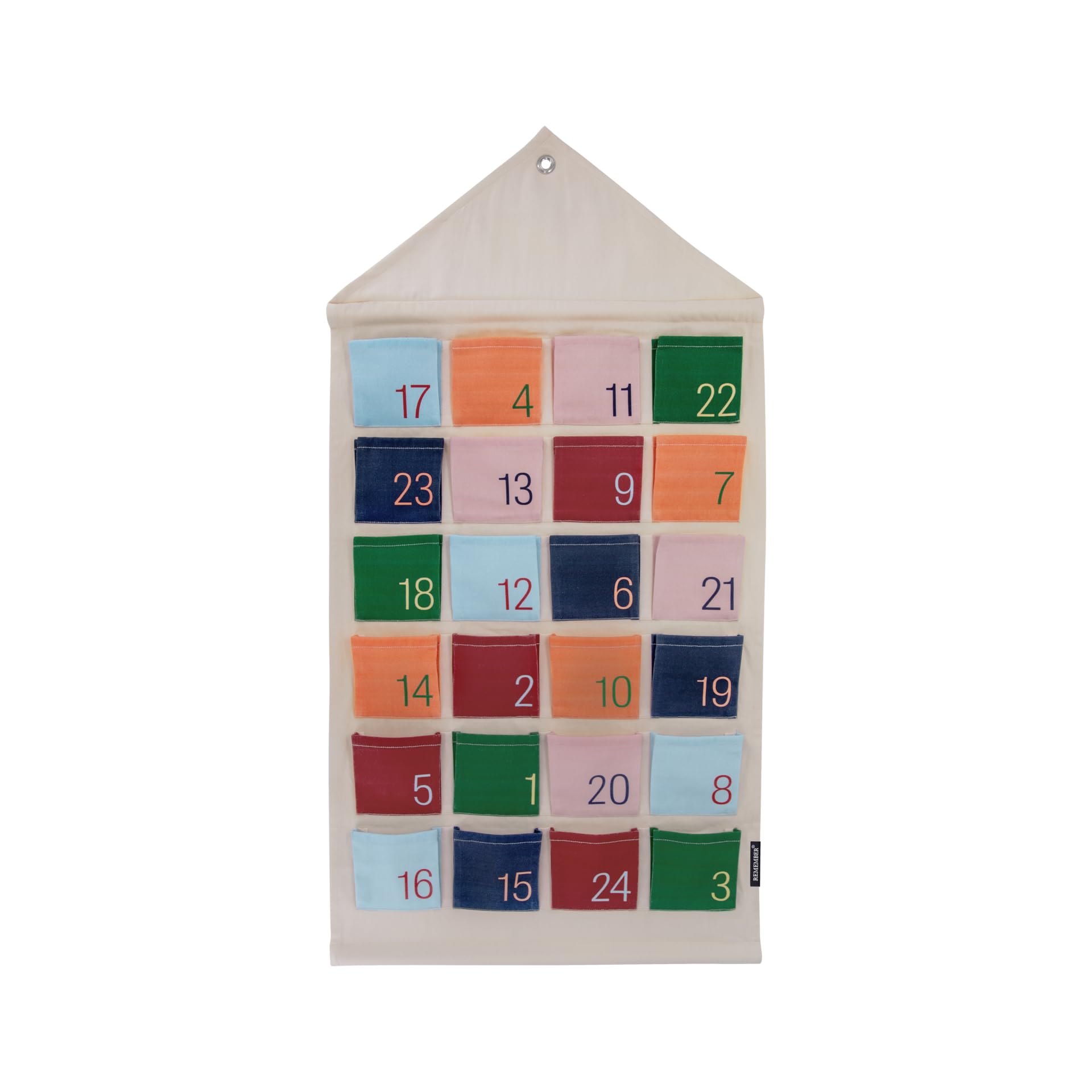 REMEMBER Adventskalender Haus, 50 x 100 cm, Baumwolle/Kiefernholz/Metall – farbenfroher Adventskalender zum Befüllen mit 24 Fächern, für Kinder & Erwachsene, Weihnachtsdeko Geschenkidee