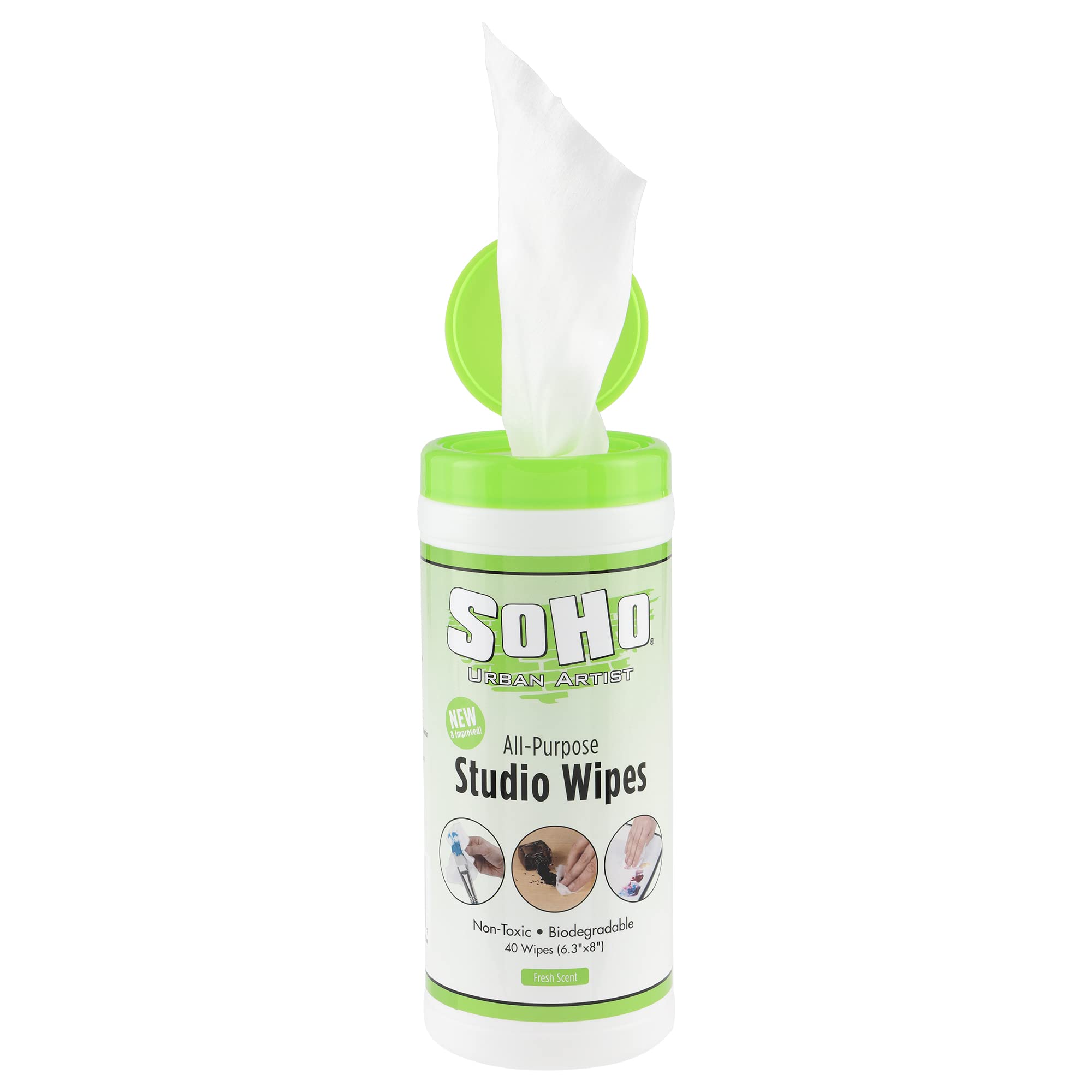 SoHo Urban Artist Multi-Surface Wipes, 40 Count, 1 Canister, Non Toxic Biodegradable Stay Fresh Paint Brush Cleaner Wipes, Use on Brushes, Hands, Palettes, Floors, No Need for Water Or Turpentine