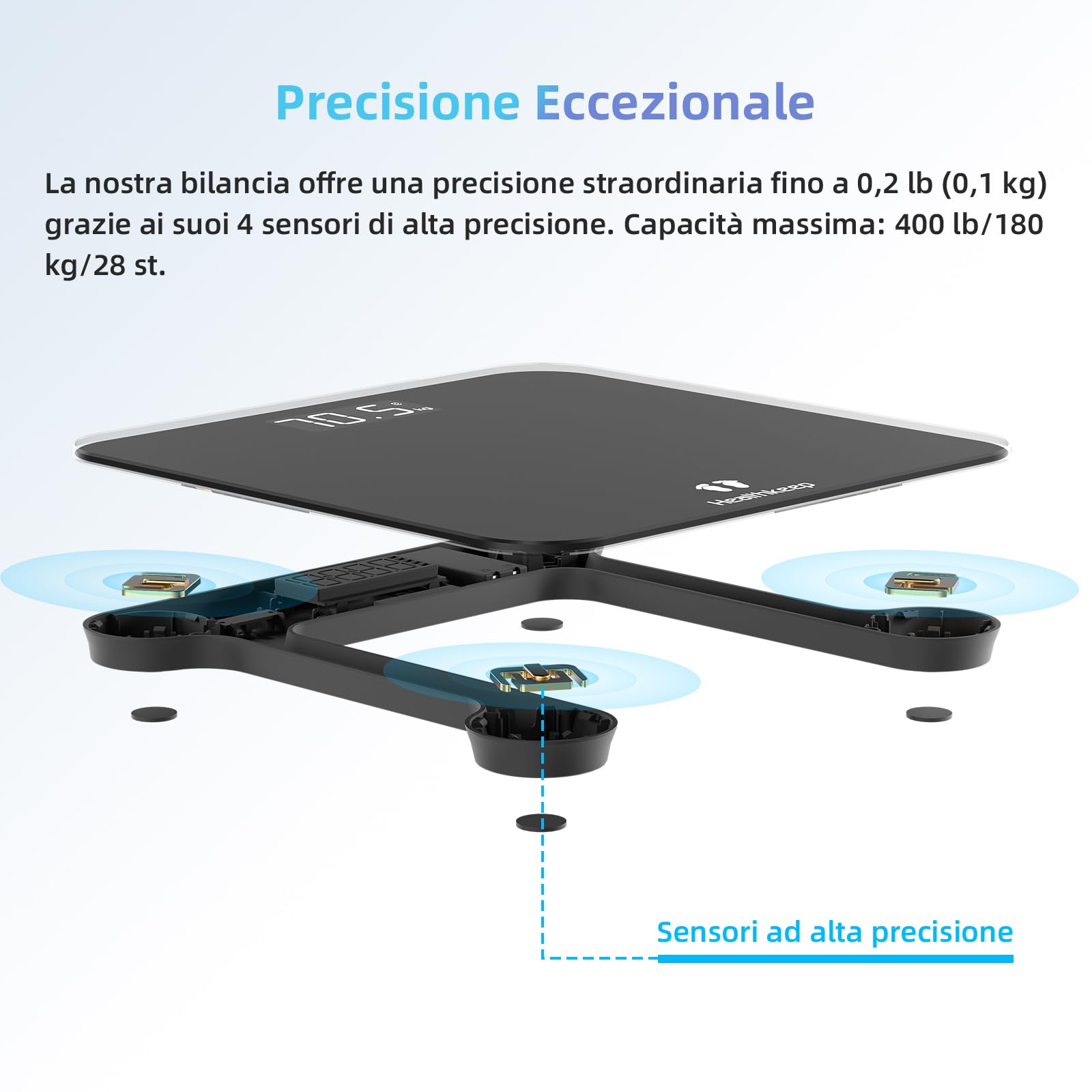 Healthkeep Bilancia Pesapersone Digitale 180 kg, Alta Precisione 0,1 kg, Display LED Retroilluminato,Vetro Temperato 5 mm, Design Ultrasottile, Batterie Incluse