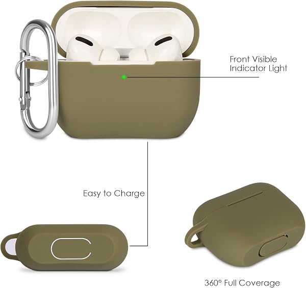 KOKOKA Protective Case Compatible with AirPods Pro Case, Anti-Shock Silicone Protective Cover, Soft, Non-Slip Protective Case for Airpods Pro 2019 with Carabiner, Army Green in use